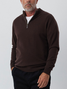  Mens Essential Cashmere 1/4 Zip Sweater - Cacao/Walnut