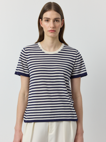  Silk Cashmere Short Sleeve Stripe Tee - Navy/White