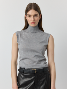  Cashmere Lurex Mock Neck Tank - Grey Melange/Silver