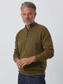  Mens Essential Cashmere 1/4 Zip Sweater - Moss/Cacao