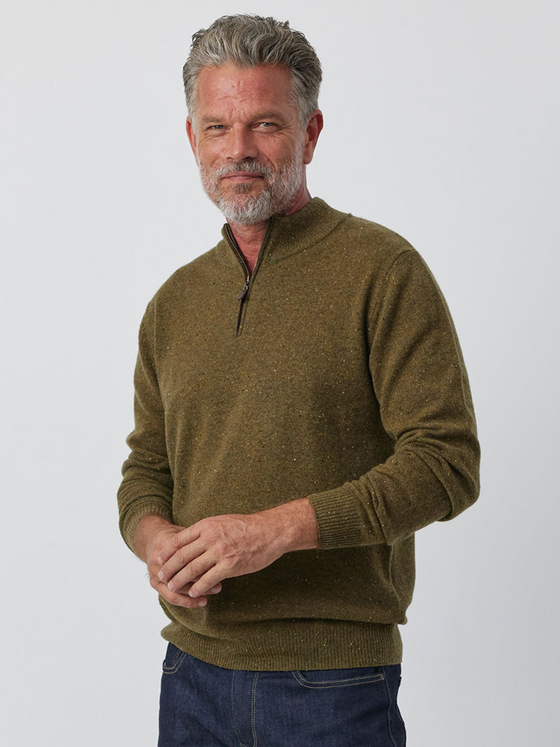 Mens Essential Cashmere 1/4 Zip Sweater - Moss/Cacao