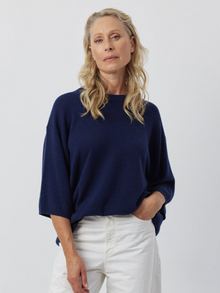  Cashmere Featherweight Oversize Tee - Navy