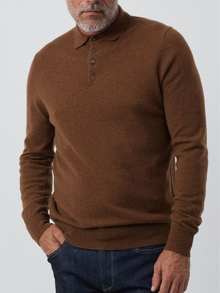  Mens Cashmere Long Sleeve Polo - Tan