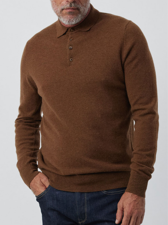 Mens Cashmere Long Sleeve Polo - Tan