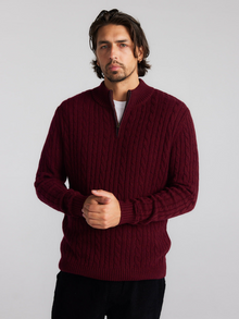  Mens Cashmere Cable 1/4 Zip Sweater - Shiraz/Charcoal