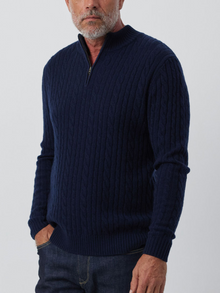  Mens Cashmere Cable 1/4 Zip Sweater - Dark Navy/Dark Navy Donegal