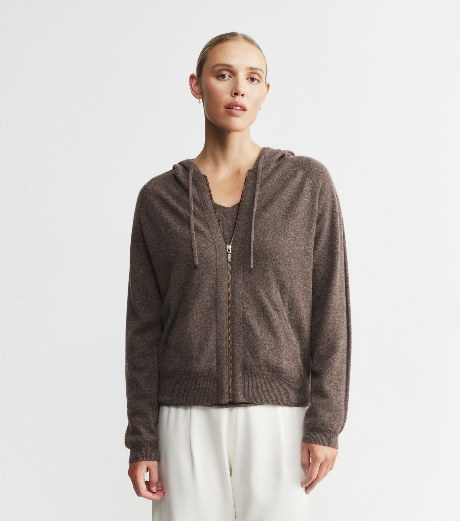 Essential Cashmere Zip Hoodie - Brown Melange