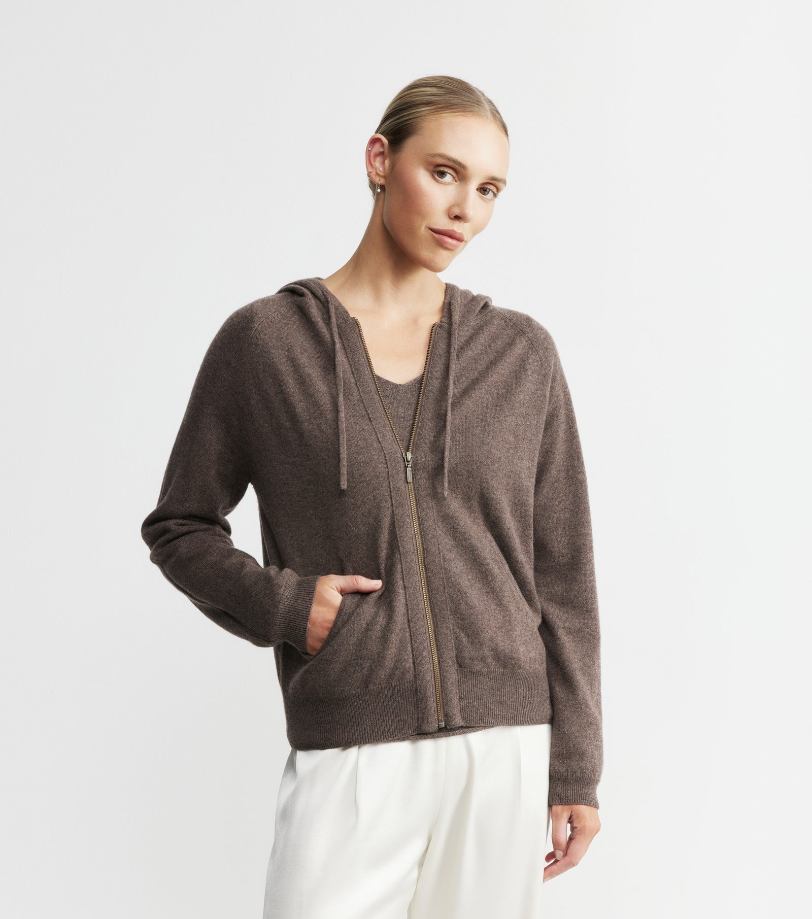 Essential Cashmere Zip Hoodie - Brown Melange