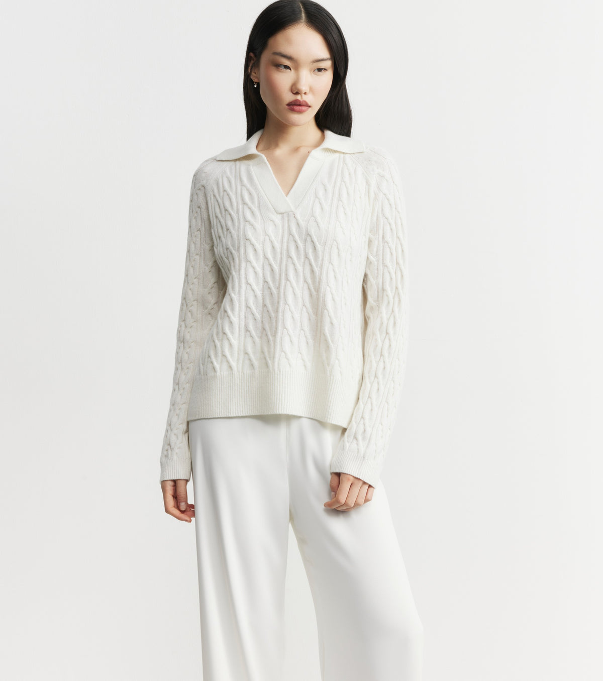 Cashmere Cable Polo - White