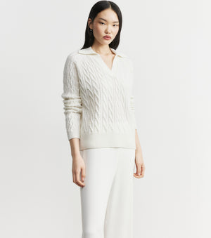 Cashmere Cable Polo - White