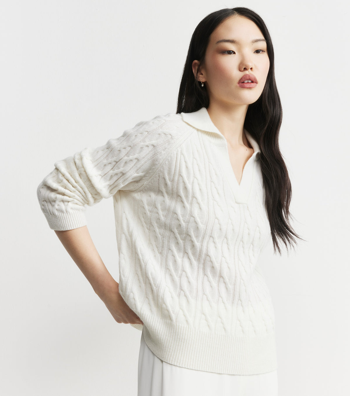 Cashmere Cable Polo - White