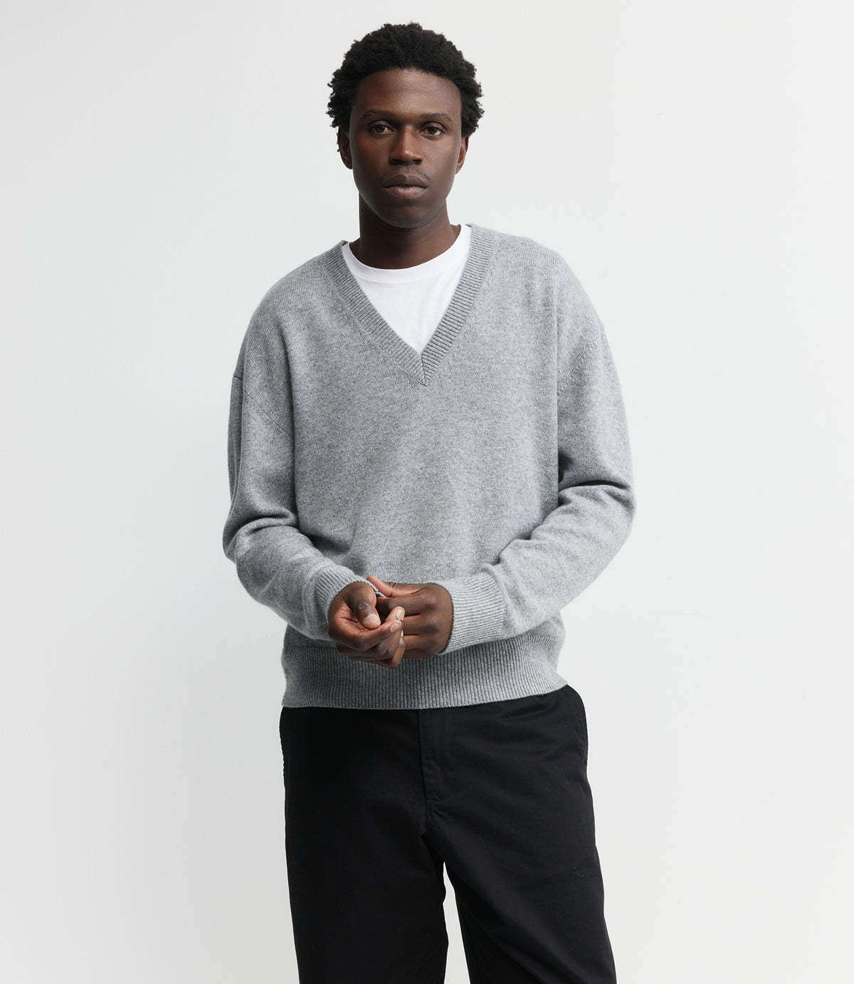 Mens Cashmere V Sweater - Dark Grey Melange