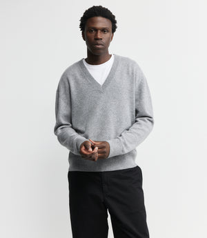Mens Cashmere V Sweater - Dark Grey Melange