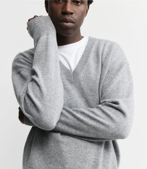 Mens Cashmere V Sweater - Dark Grey Melange