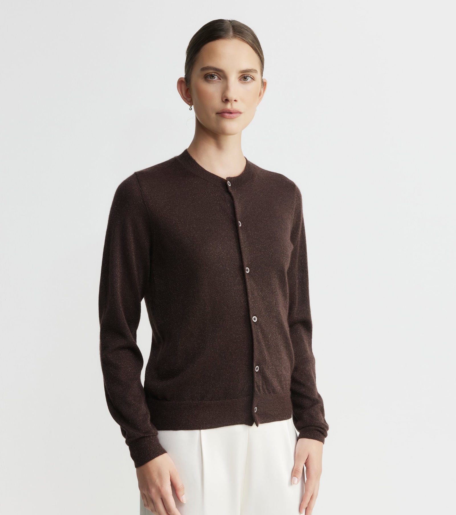Cashmere Lurex Crew Cardigan - Cognac