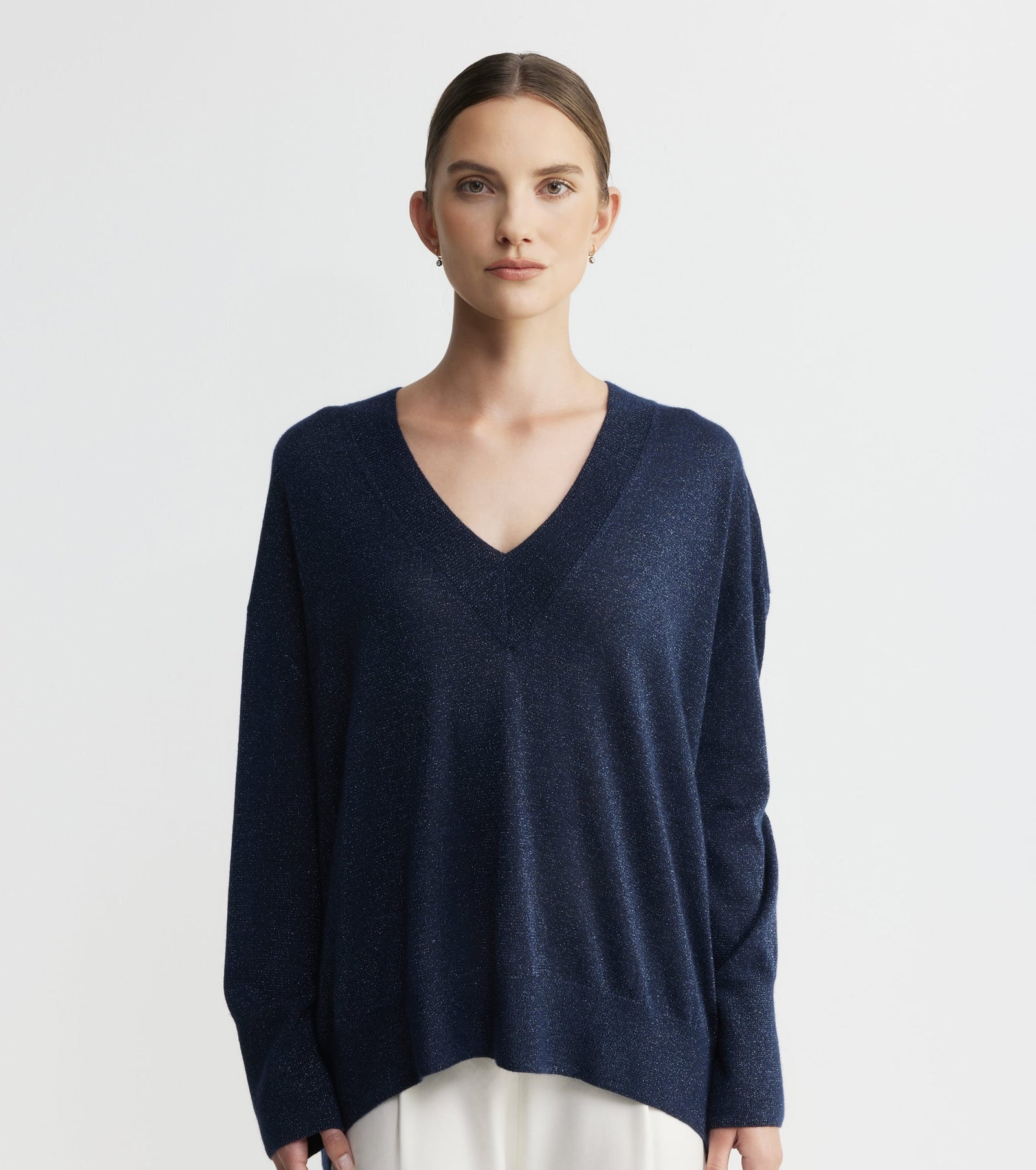 Cashmere Lurex Deep V Sweater - Sapphire