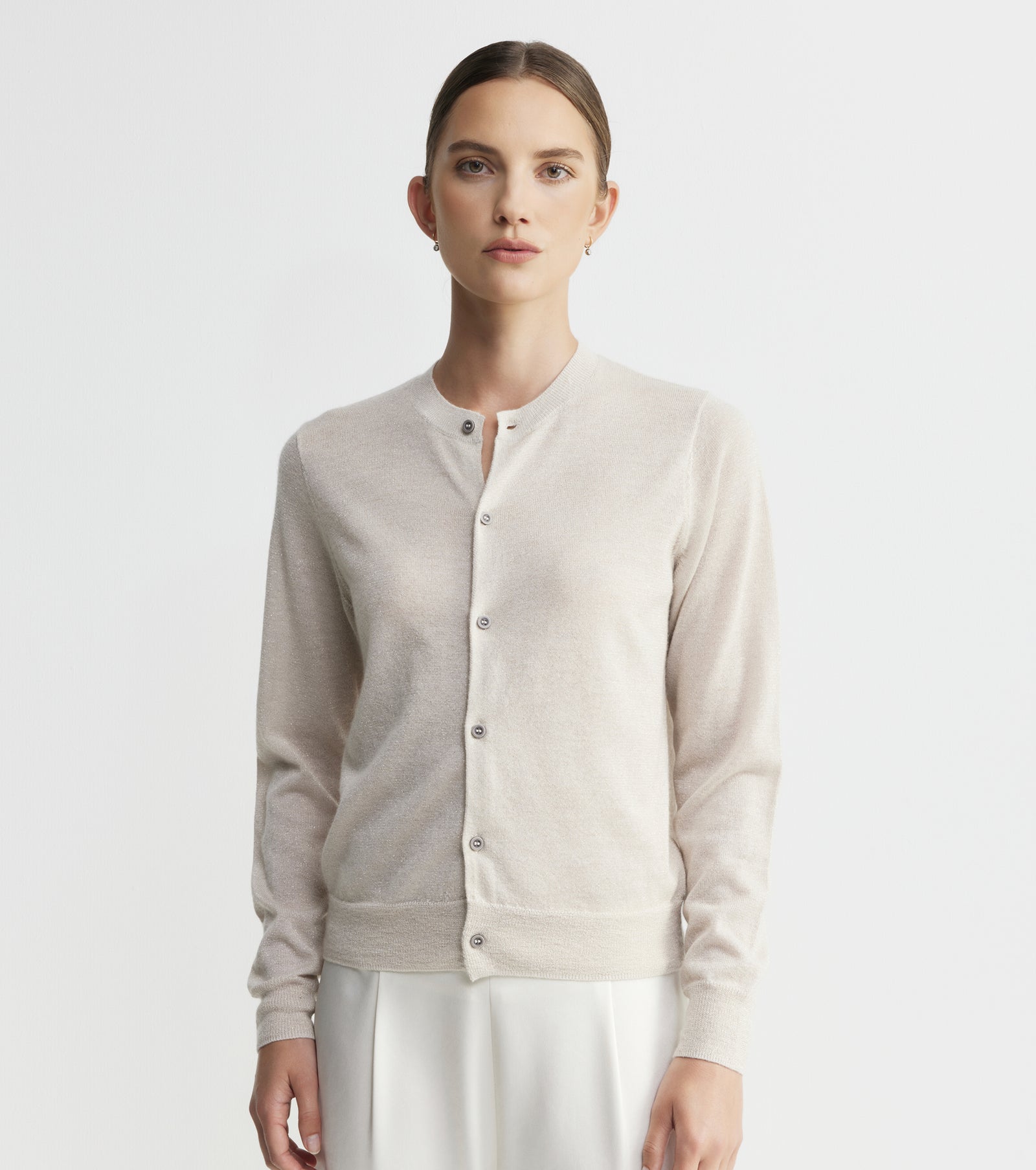 Cashmere Lurex Crew Cardigan - Champagne