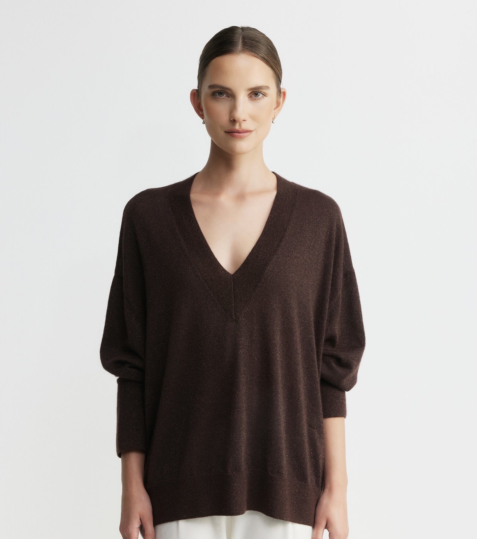 Cashmere Lurex Deep V Sweater - Cognac